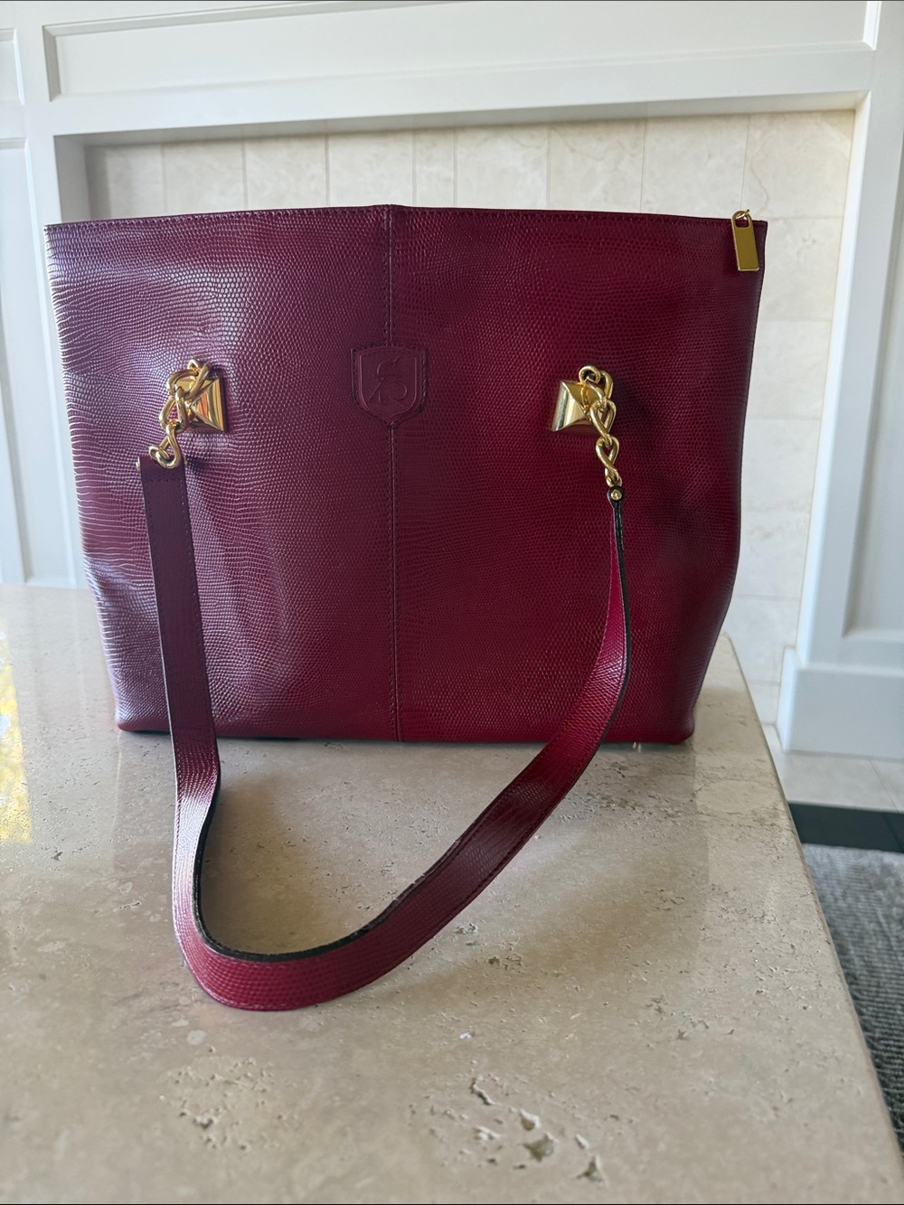 Textured Burgundy Tote with Gold Chain-Strap Accents